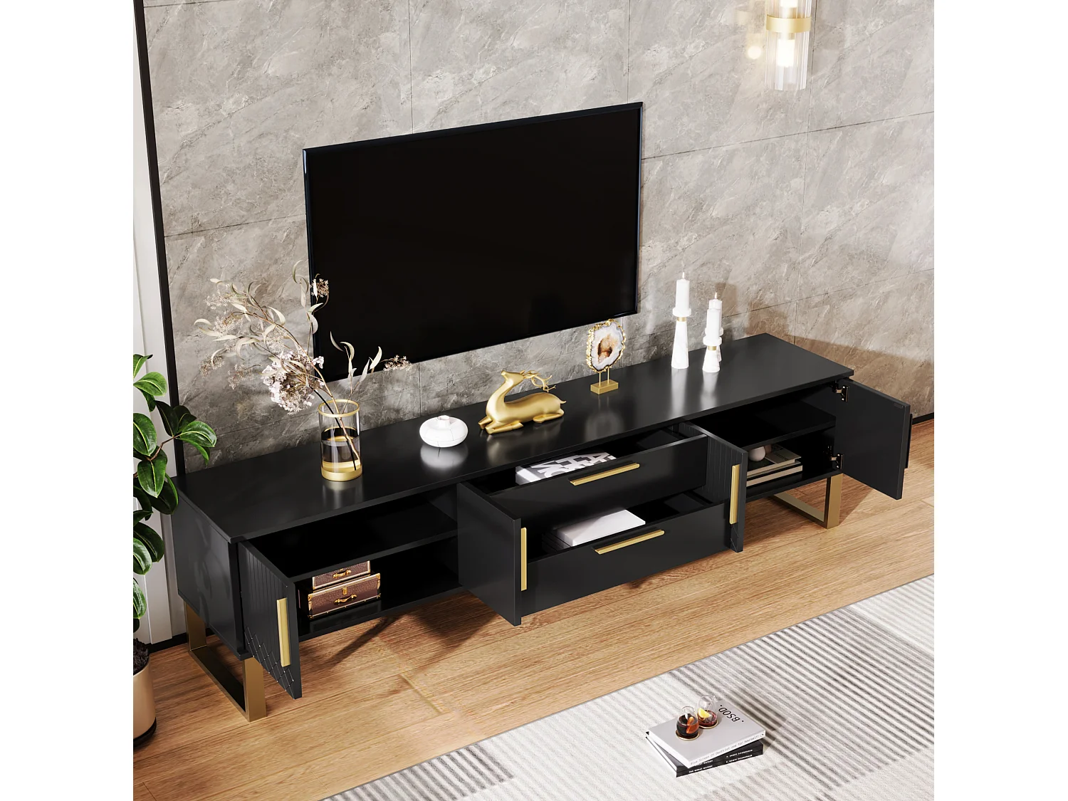 Meuble TV brillant avec 4 portes et 2 tiroirs, bois MDF, poignées et pieds dorés, style moderne, noir