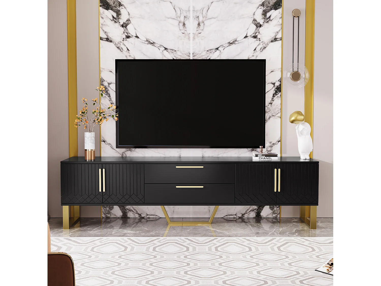 Meuble TV brillant avec 4 portes et 2 tiroirs, bois MDF, poignées et pieds dorés, style moderne, noir