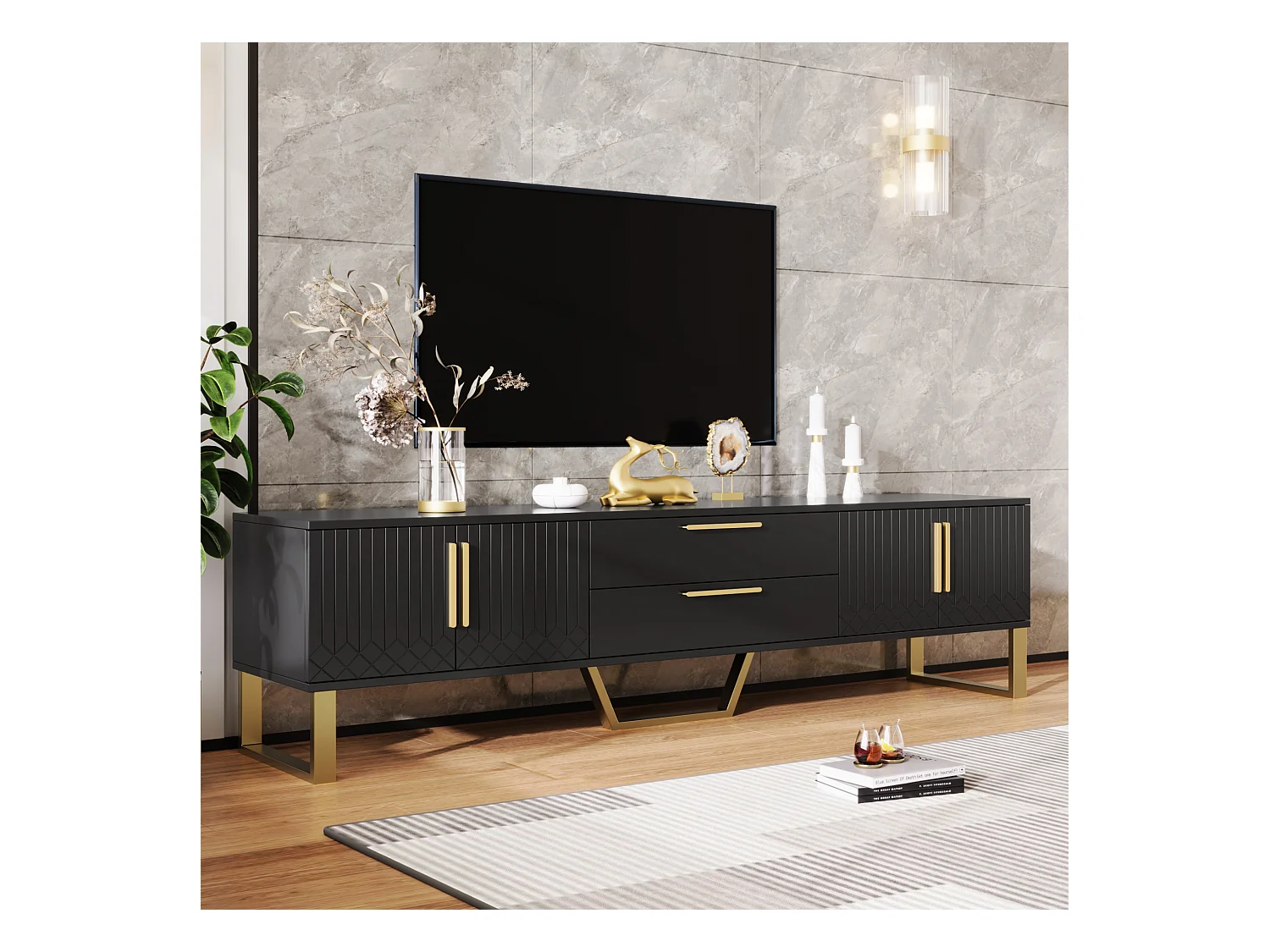 Glanzende tv-kast met 4 deuren en 2 lades, MDF-hout, gouden handgrepen en poten, moderne stijl, zwart