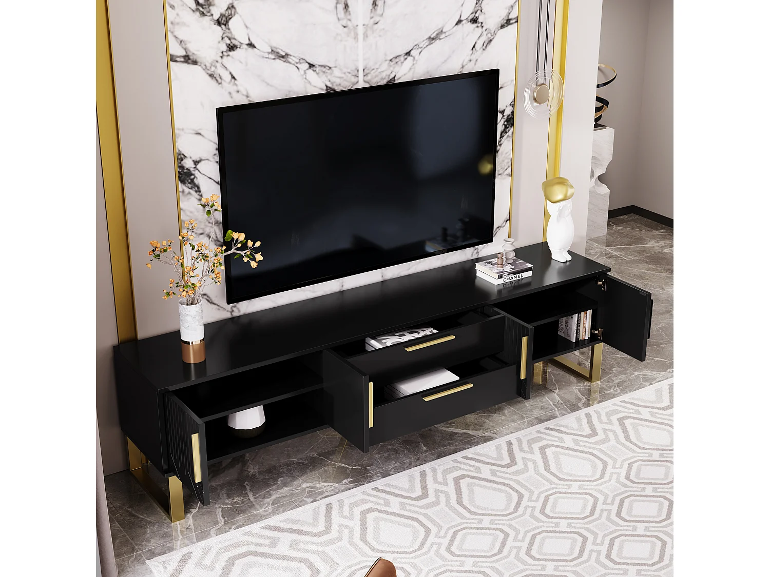 Meuble TV brillant avec 4 portes et 2 tiroirs, bois MDF, poignées et pieds dorés, style moderne, noir