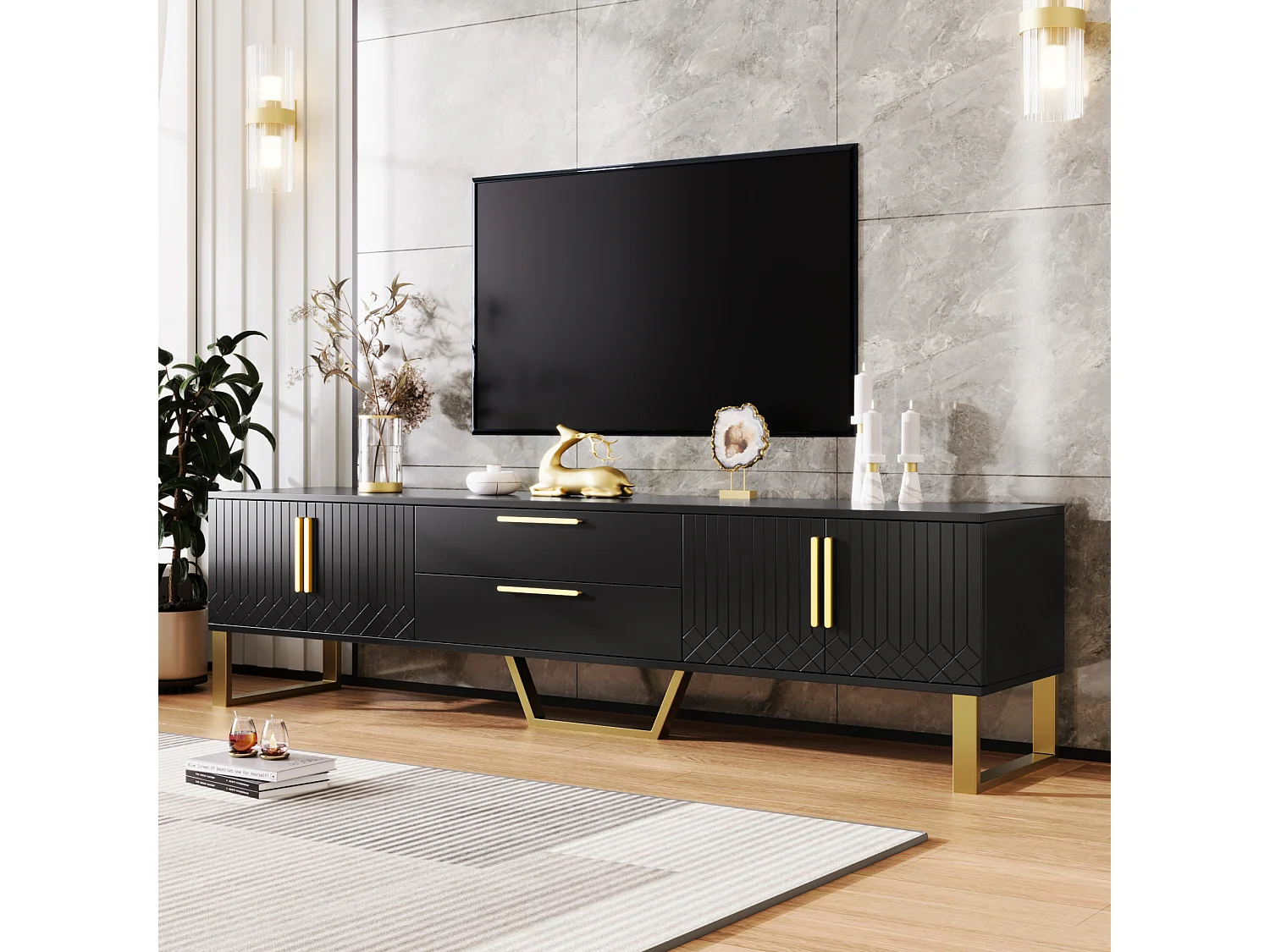 Meuble TV brillant avec 4 portes et 2 tiroirs, bois MDF, poignées et pieds dorés, style moderne, noir