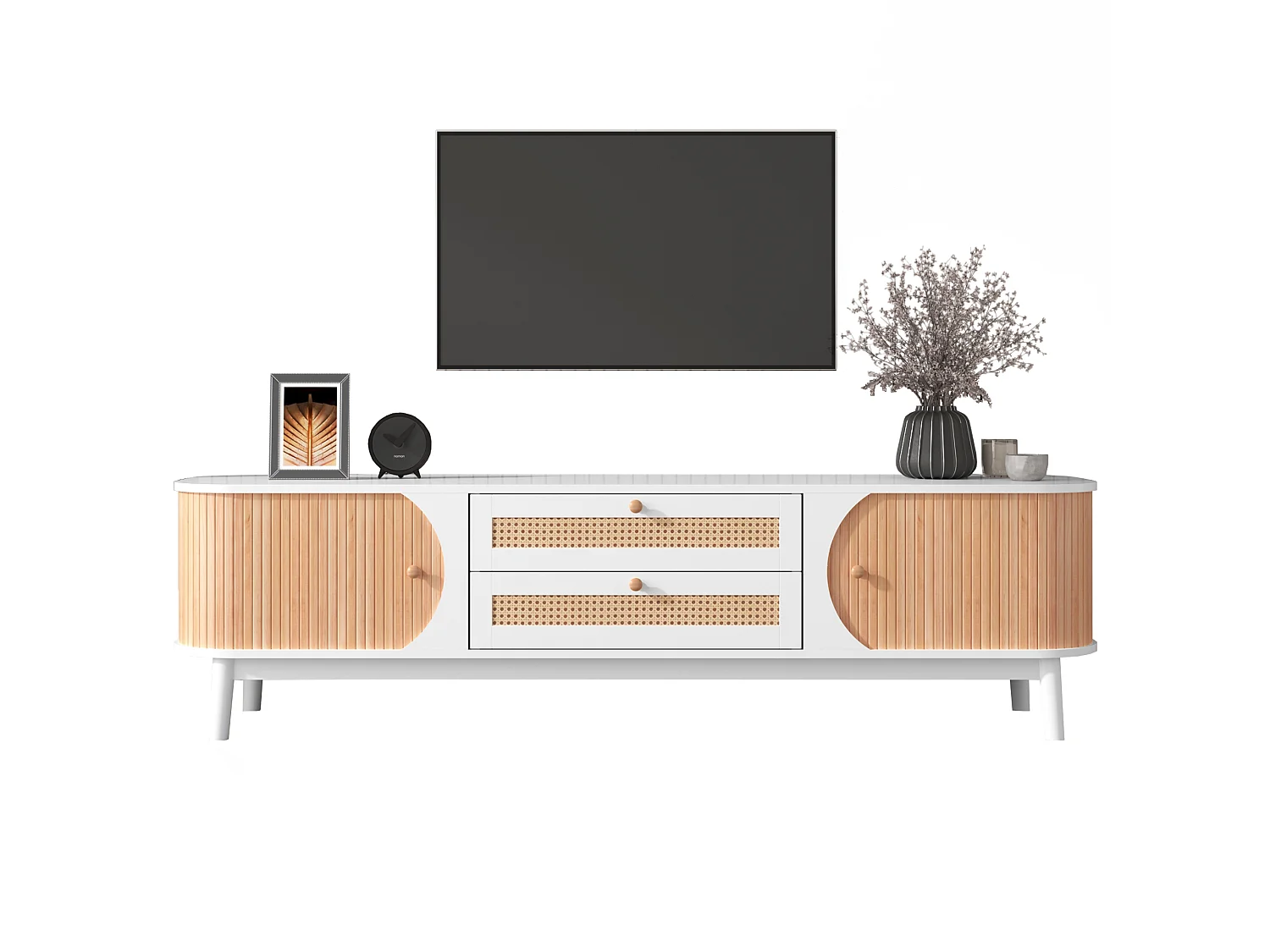 TV-Möbel mit 2 Schubladen und 2 Schiebetüren, Spanplatte, Rattan-Effekt, weiß und natur