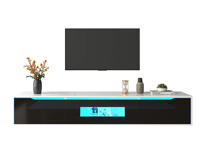 Moderner TV-Schrank mit 3 Hochglanztüren, LED-Beleuchtung, Spanplatte, Farben: Schwarz und Weiß