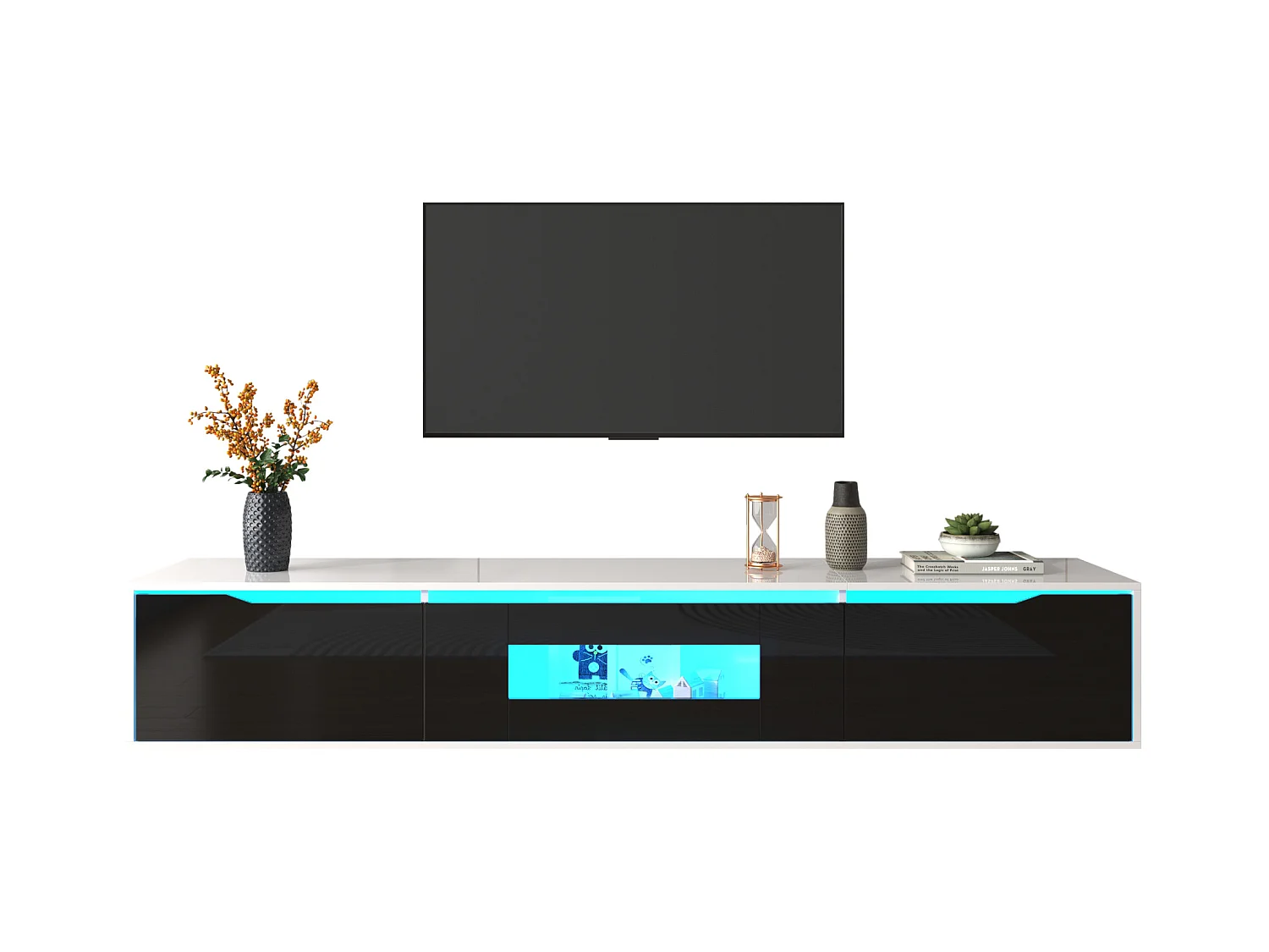Meuble TV moderne avec 3 portes haute brillance, éclairage LED, Panneaux de particules, coloris: noir et blanc