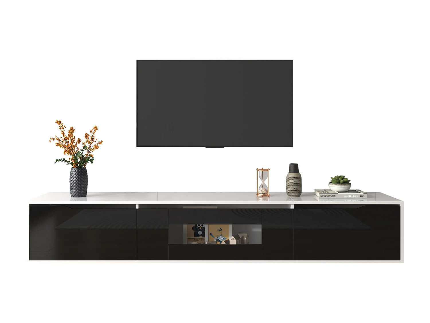 Mueble de TV moderno con 3 puertas de alto brillo, iluminación LED, tablero de partículas, color: blanco y negro