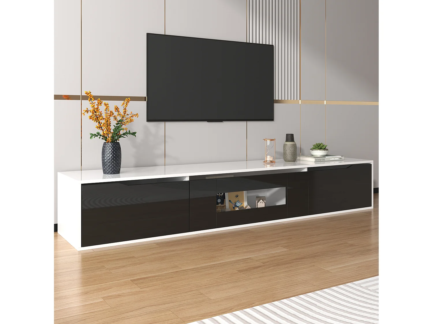 Mueble de TV moderno con 3 puertas de alto brillo, iluminación LED, tablero de partículas, color: blanco y negro