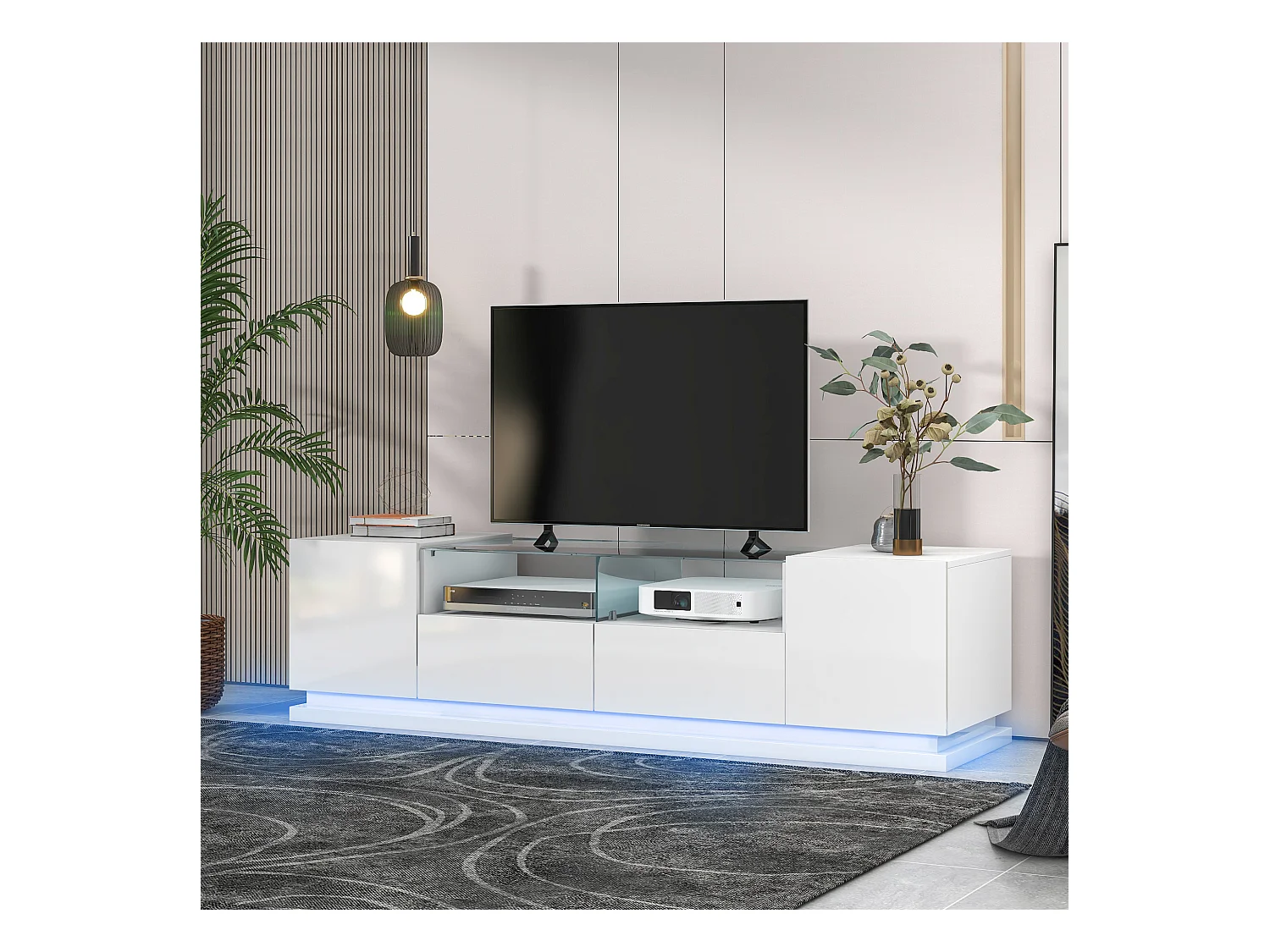 Glanzend tv-meubel met glazen planken, 2 lades en 2 deuren, met LED's, spaanplaat, zwart