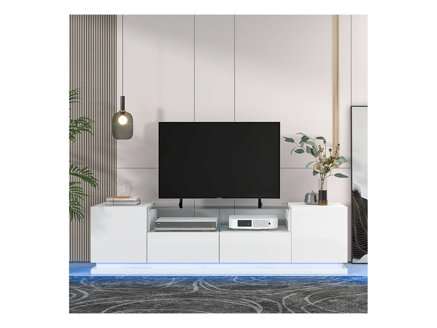 Glanzend tv-meubel met glazen planken, 2 lades en 2 deuren, met LED's, spaanplaat, zwart