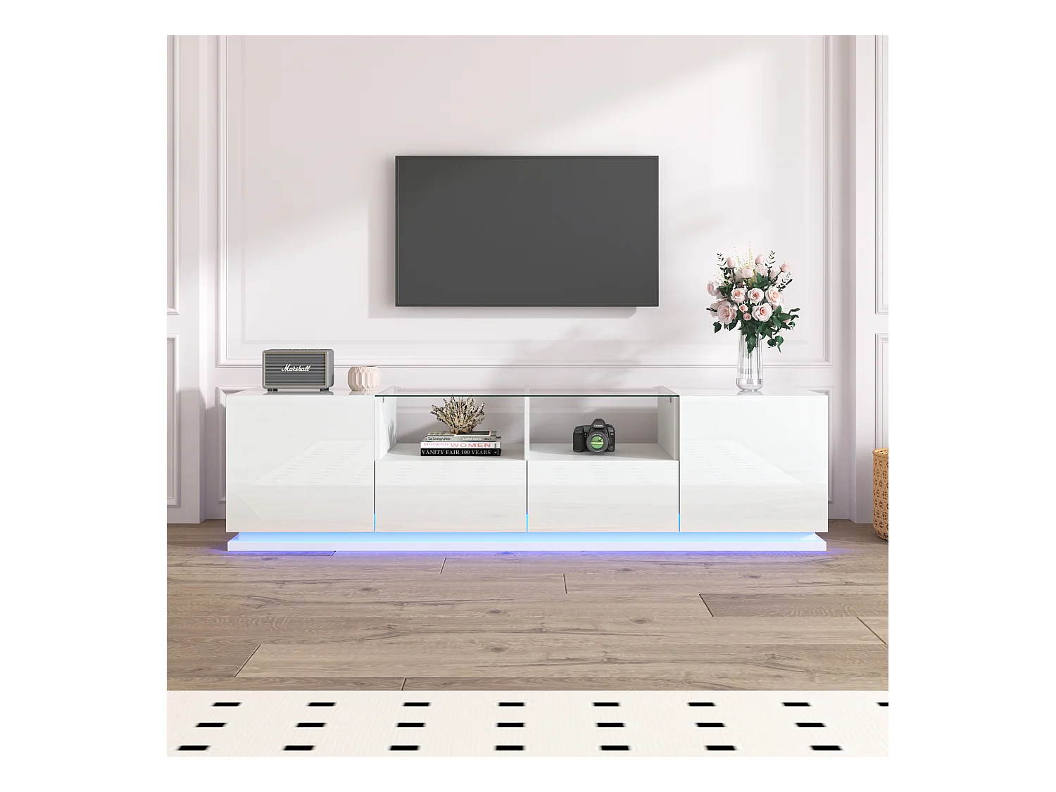 Glanzend tv-meubel met glazen planken, 2 lades en 2 deuren, met LED's, spaanplaat, zwart