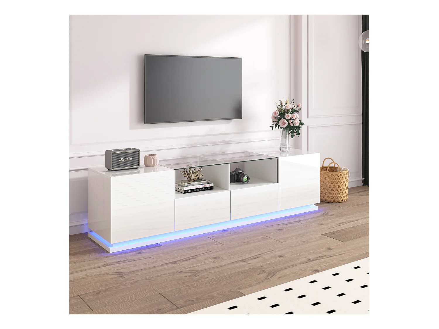 Glanzend tv-meubel met glazen planken, 2 lades en 2 deuren, met LED's, spaanplaat, zwart