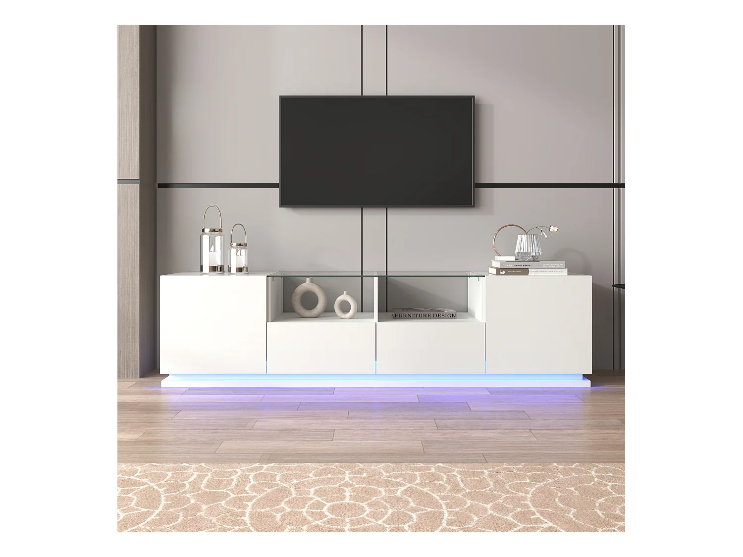 Glanzend tv-meubel met glazen planken, 2 lades en 2 deuren, met LED's, spaanplaat, zwart