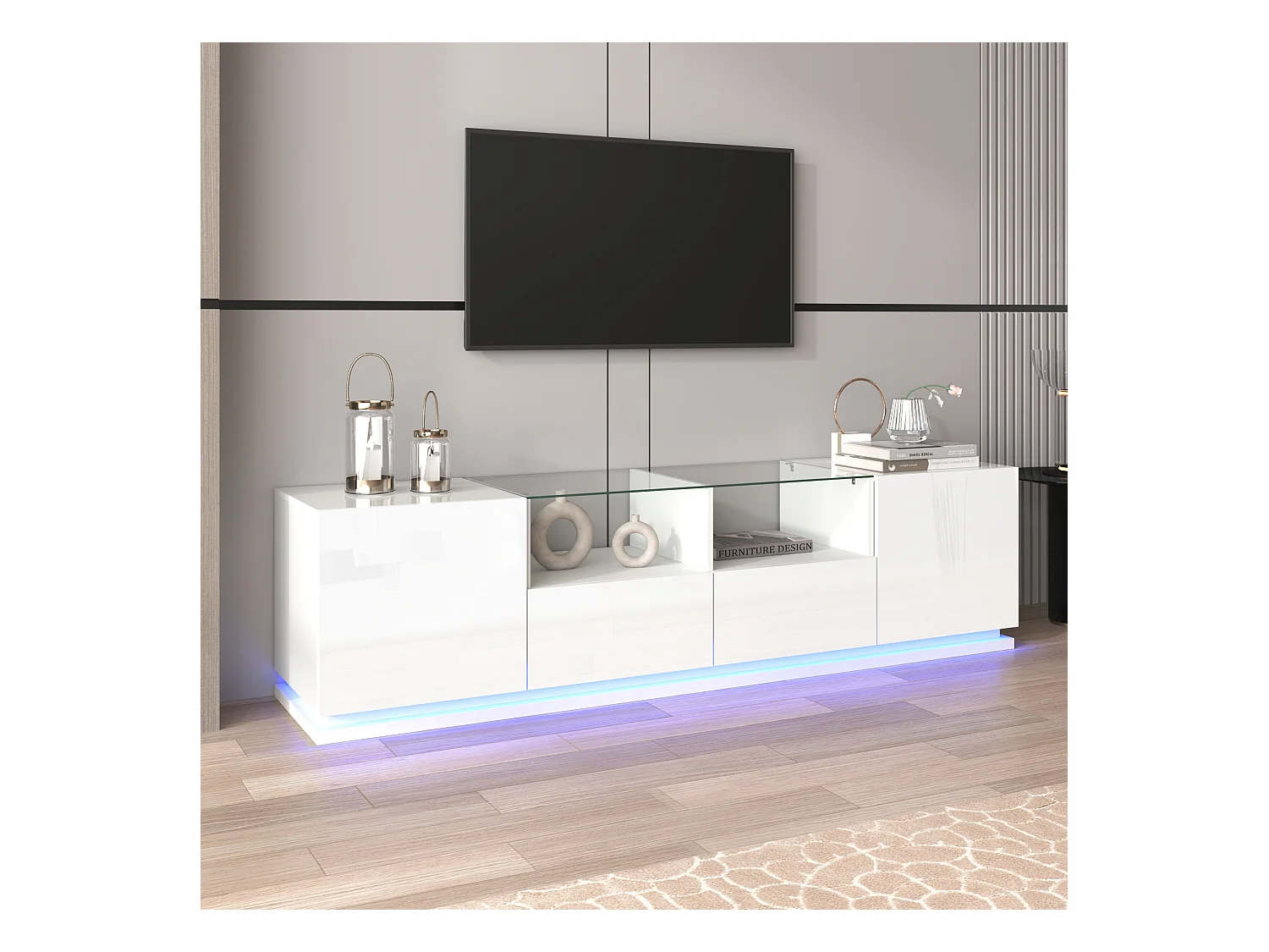 Glanzend tv-meubel met glazen planken, 2 lades en 2 deuren, met LED's, spaanplaat, zwart