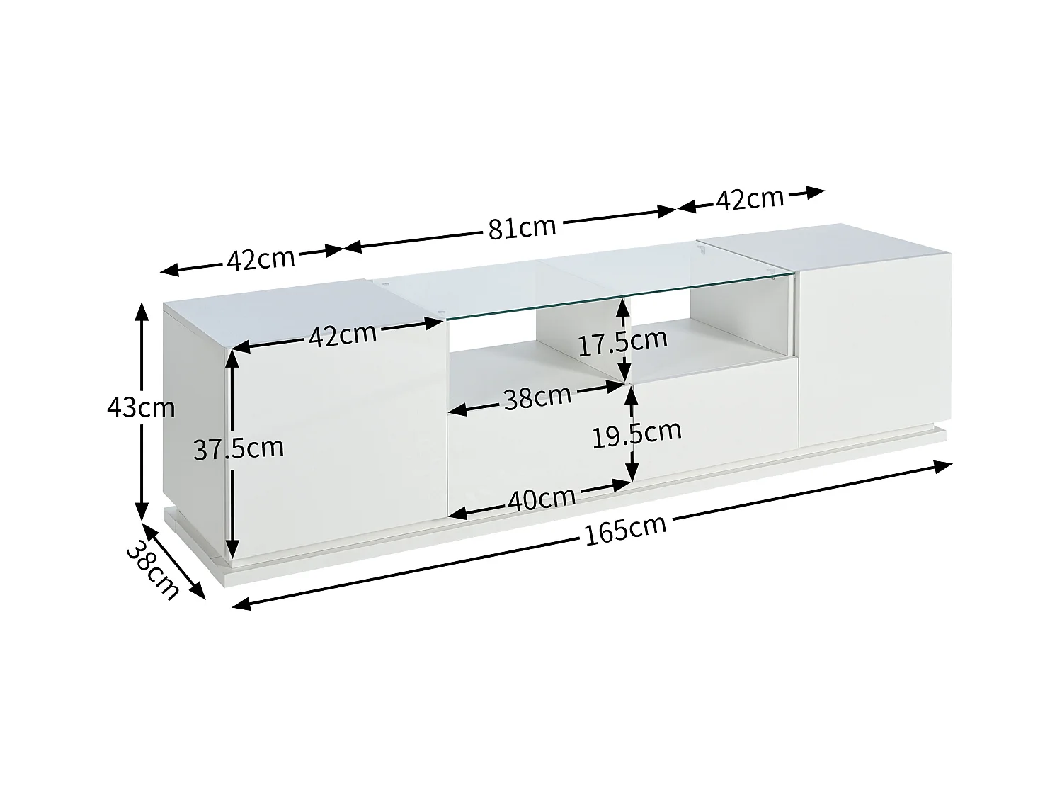 Glanzend tv-meubel met glazen planken, 2 lades en 2 deuren, met LED's, spaanplaat, zwart