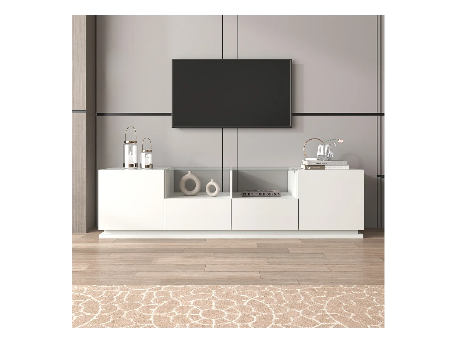 Glanzend tv-meubel met glazen planken, 2 lades en 2 deuren, met LED's, spaanplaat, zwart