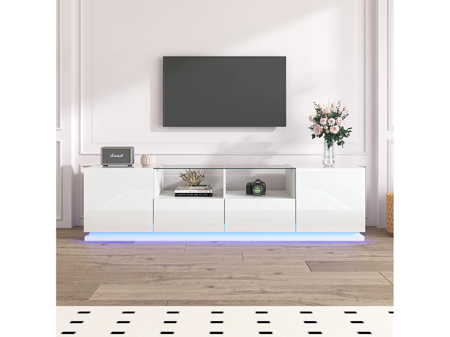 Mobile TV lucido con ripiani in vetro, 2 cassetti e 2 ante, con LED, truciolare, nero