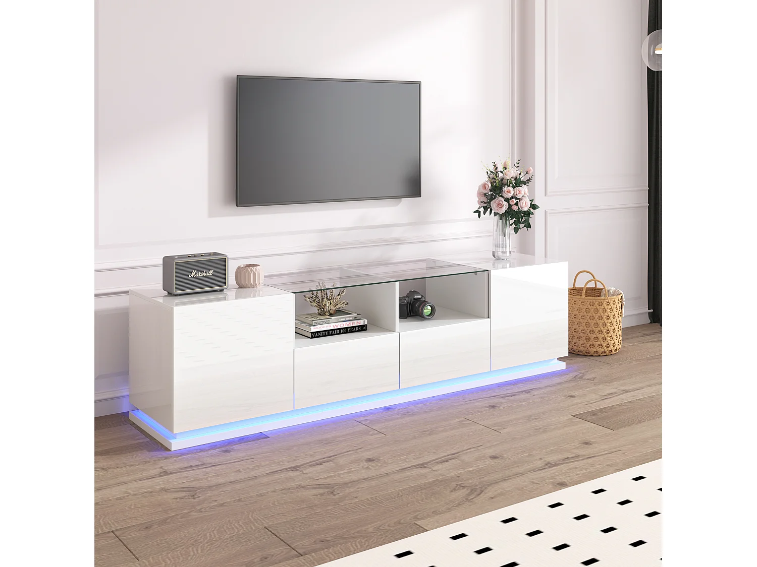 Mobile TV lucido con ripiani in vetro, 2 cassetti e 2 ante, con LED, truciolare, nero