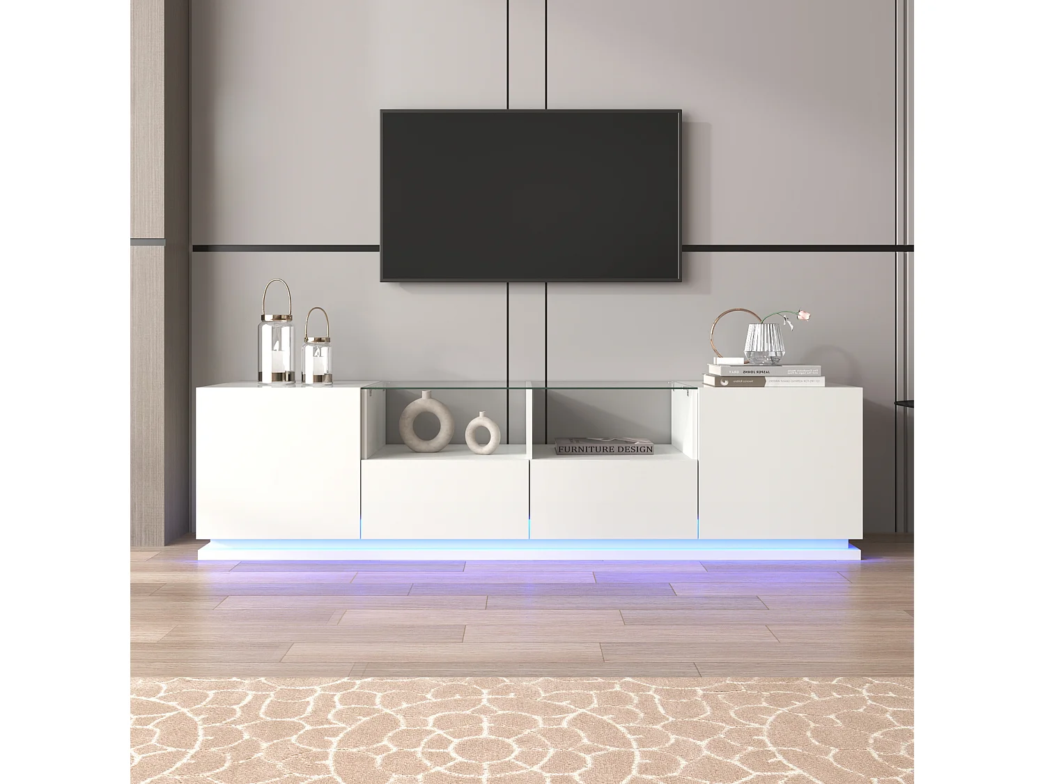 Mobile TV lucido con ripiani in vetro, 2 cassetti e 2 ante, con LED, truciolare, nero