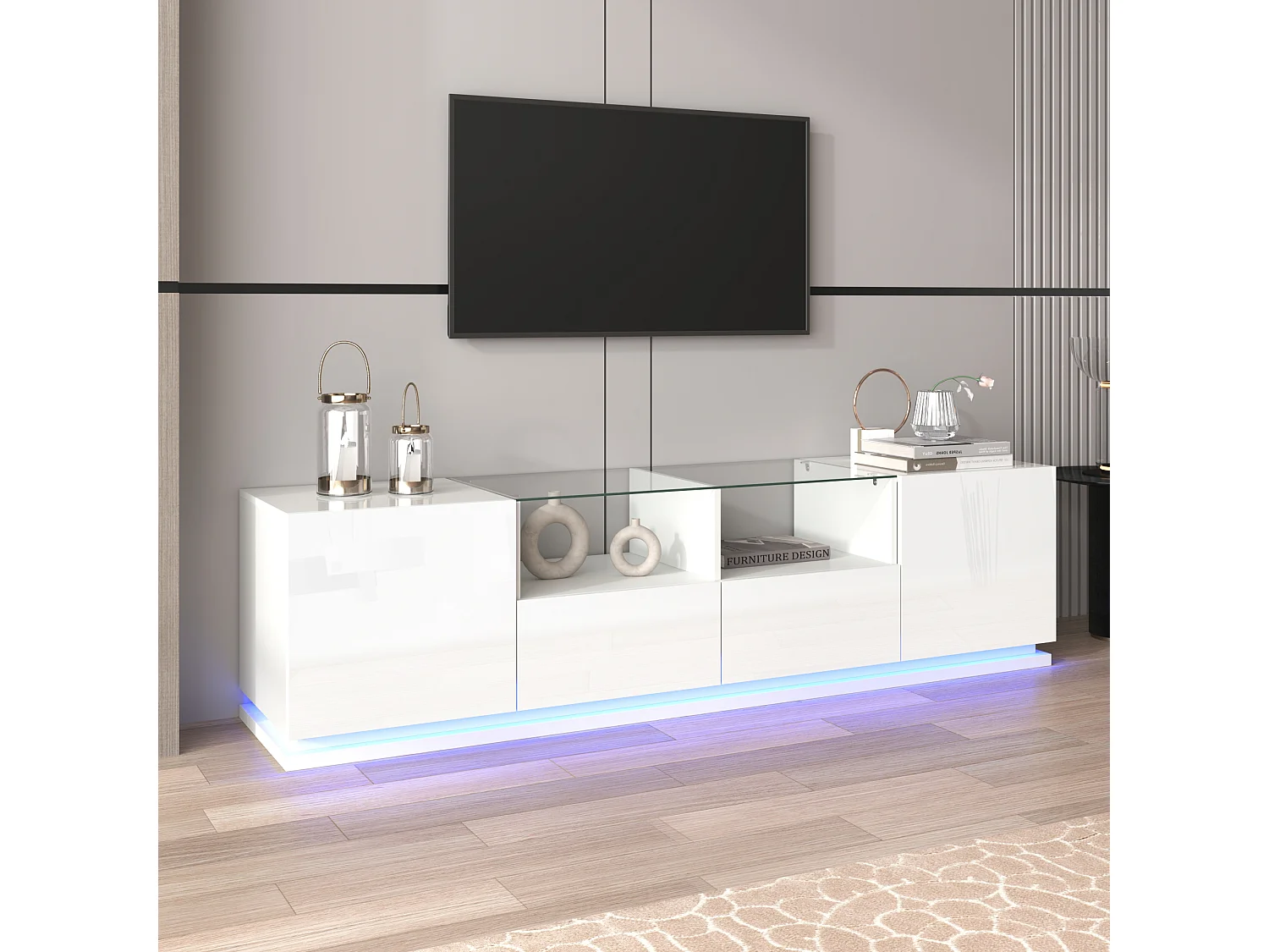 Mobile TV lucido con ripiani in vetro, 2 cassetti e 2 ante, con LED, truciolare, nero