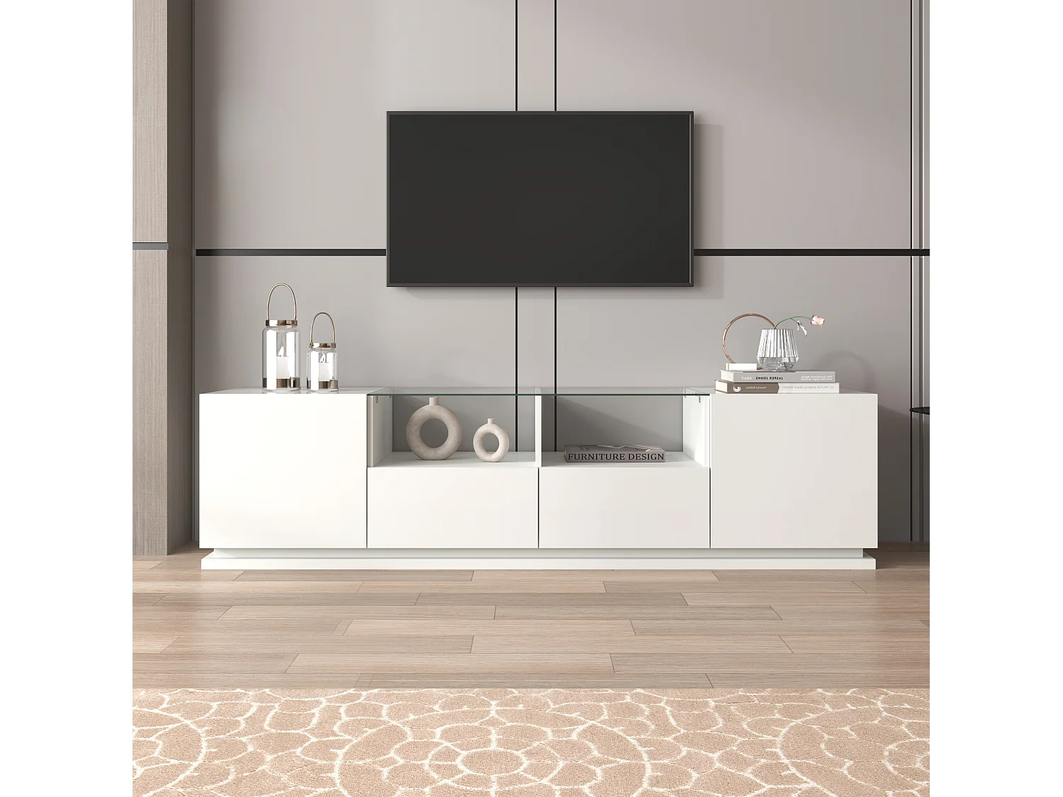 Mobile TV lucido con ripiani in vetro, 2 cassetti e 2 ante, con LED, truciolare, nero