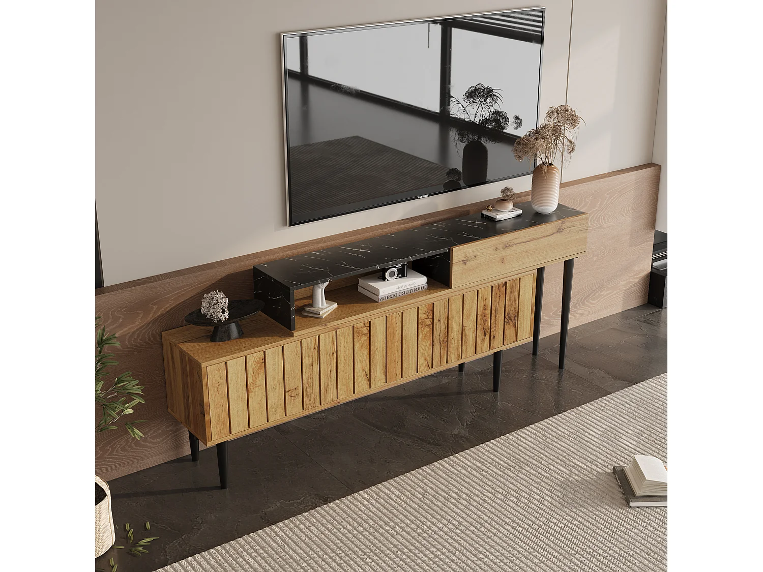 Meuble TV moderne avec 2 porte et 1 niche, motif marbre, bois MDF et pieds en fer, coloris naturel