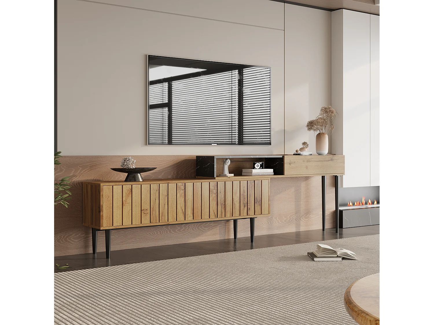 Meuble TV moderne avec 2 porte et 1 niche, motif marbre, bois MDF et pieds en fer, coloris naturel