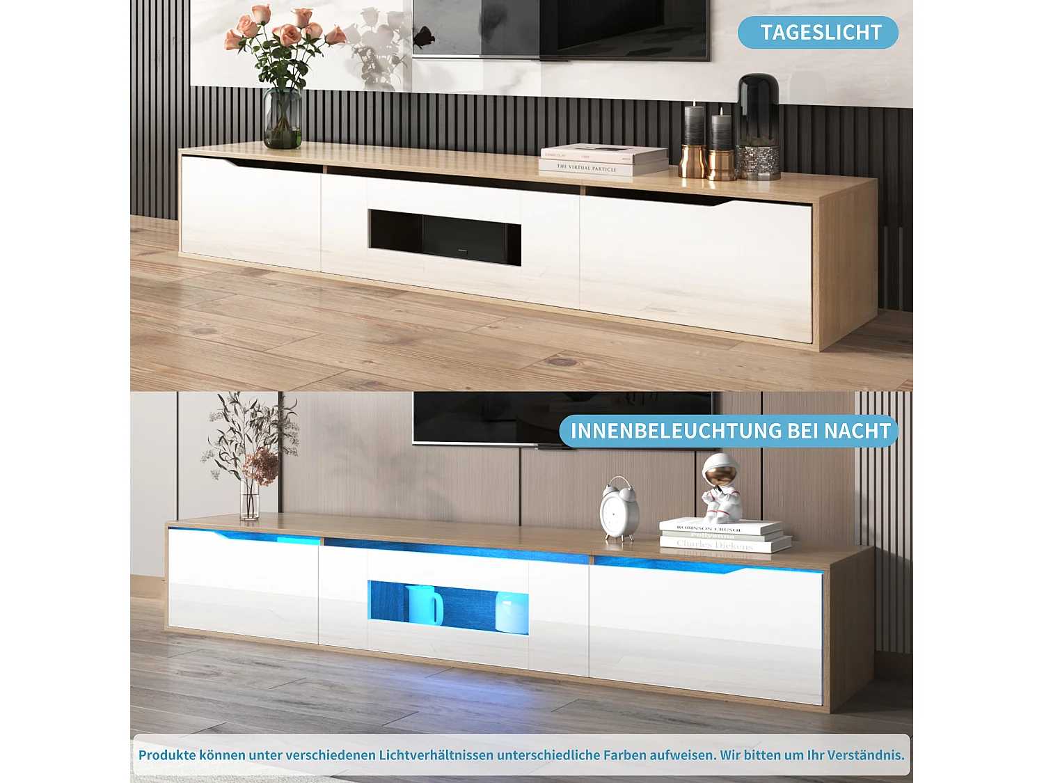 Meuble TV moderne avec 3 portes haute brillance, éclairage LED, Panneaux de particules, coloris: chêne et blanc