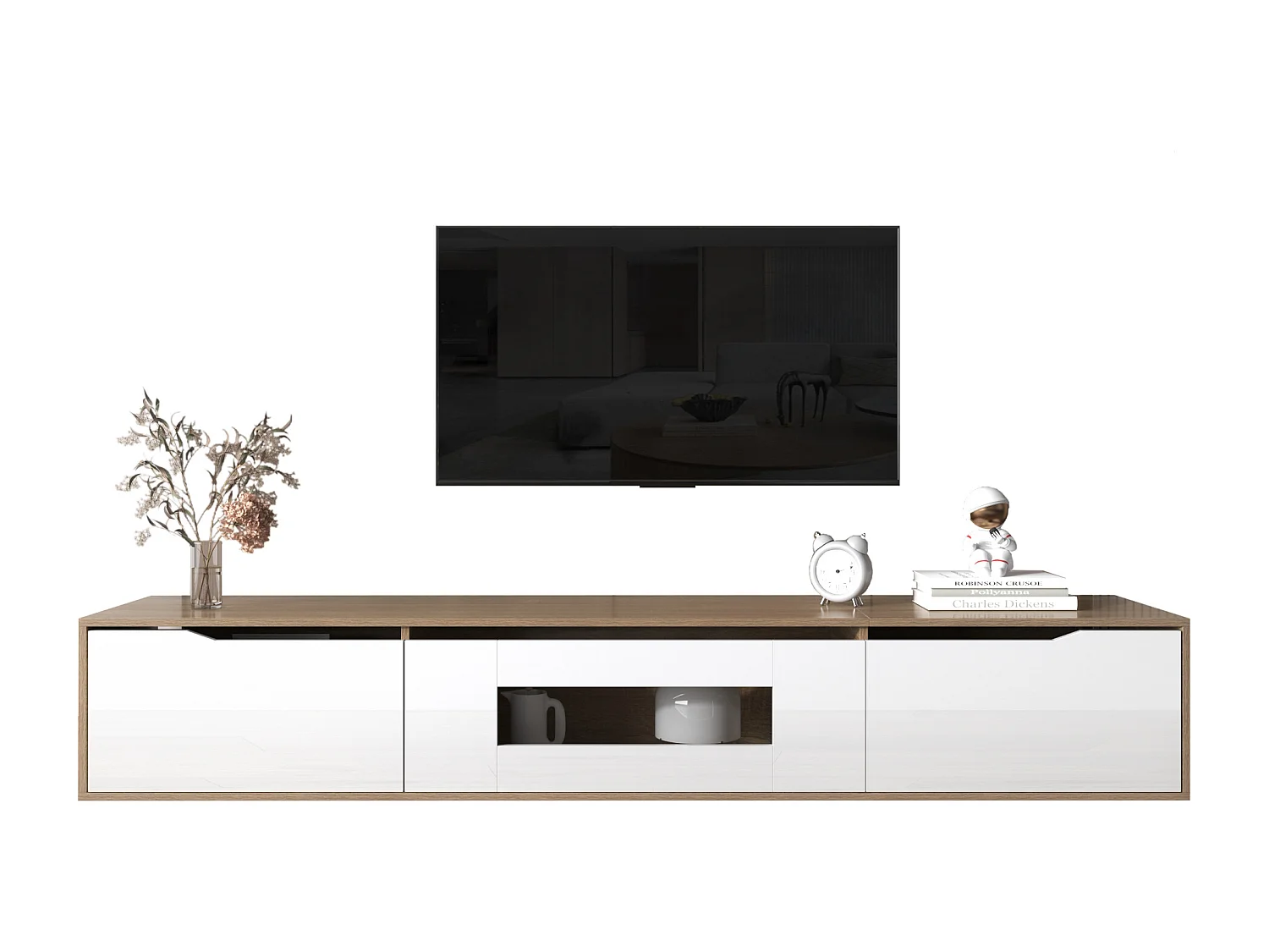 Meuble TV moderne avec 3 portes haute brillance, éclairage LED, Panneaux de particules, coloris: chêne et blanc