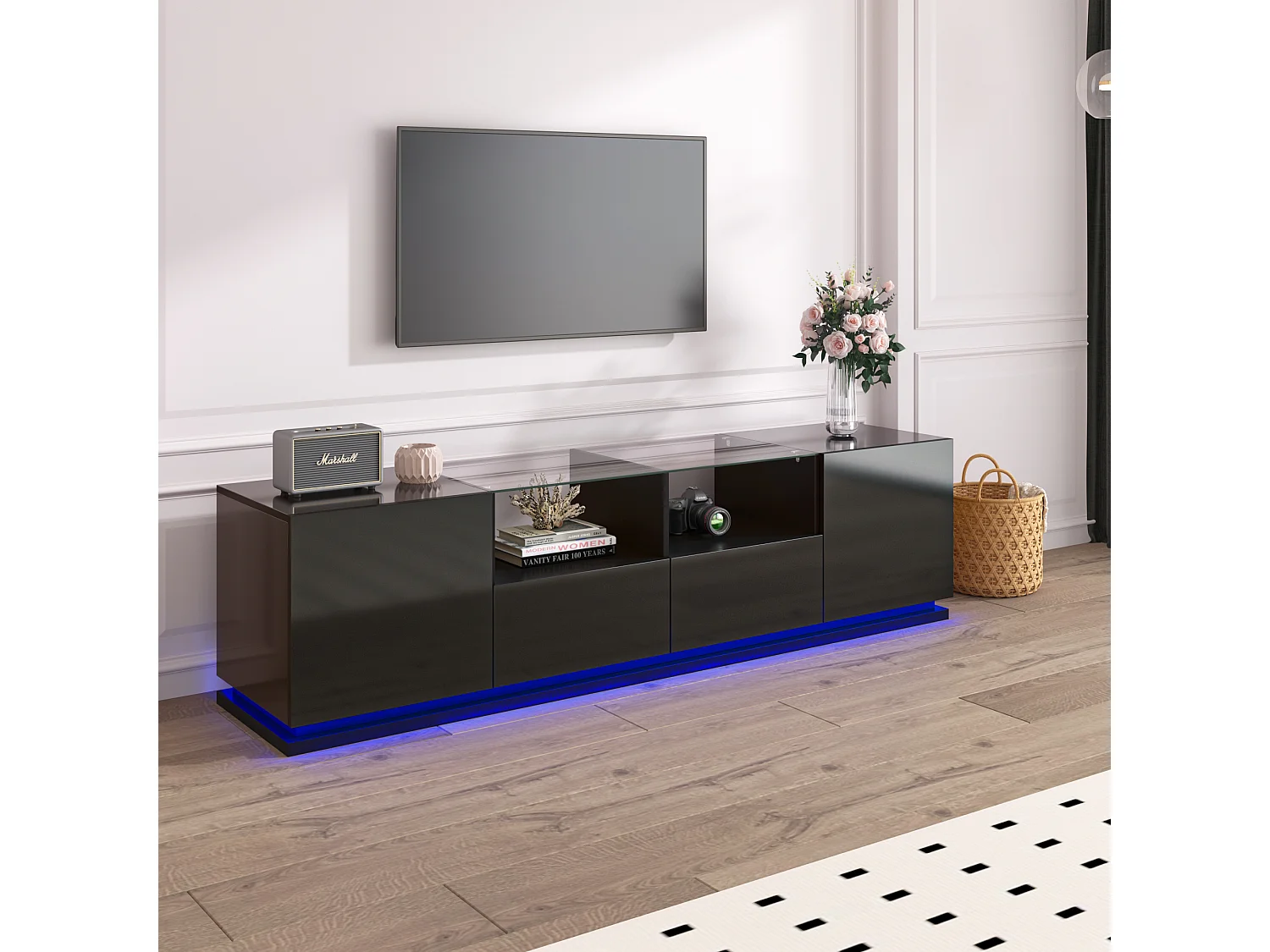 Meuble TV brillant avec étagères en verre, deux tiroirs et deux portes, lowboard avec effets lumineux LED multicolores