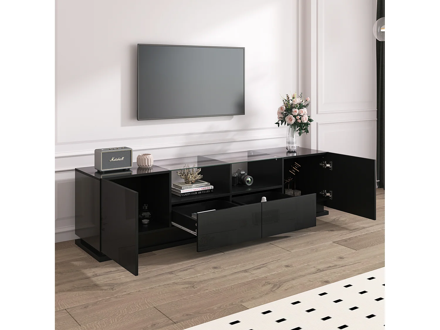 Meuble TV brillant avec étagères en verre, deux tiroirs et deux portes, lowboard avec effets lumineux LED multicolores