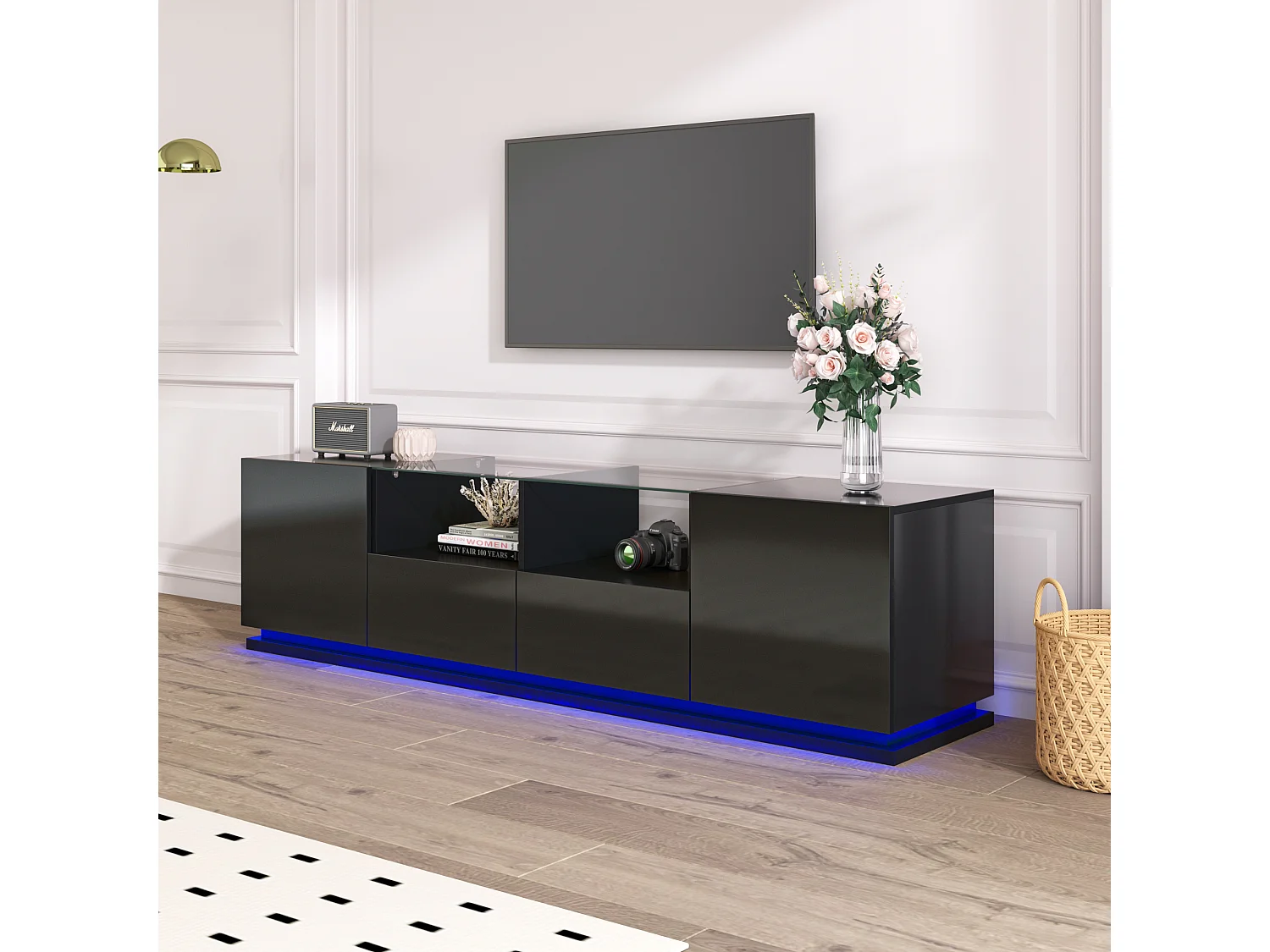 Meuble TV brillant avec étagères en verre, deux tiroirs et deux portes, lowboard avec effets lumineux LED multicolores