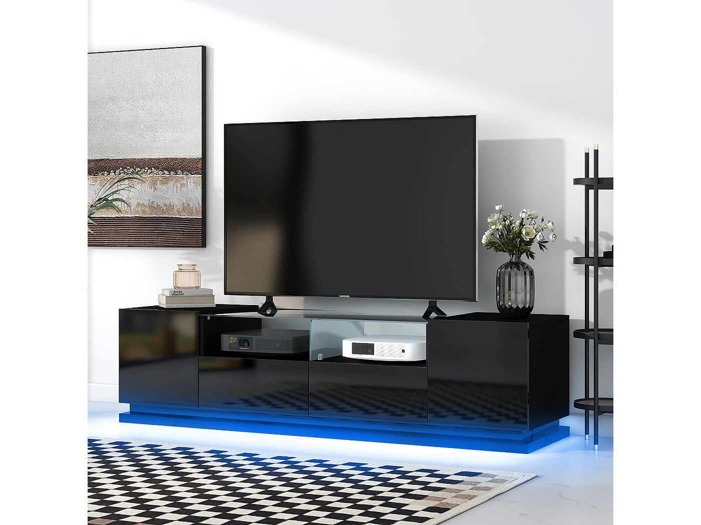 Meuble TV Contemporain 140cm Adapté Pour TV 60" Avec LED En 16 Couleurs Et Etageres En Verre Blanc 90766387