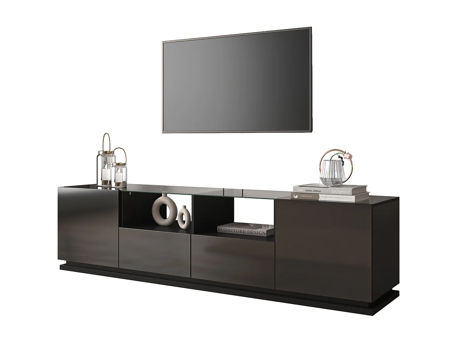 Meuble TV brillant avec étagères en verre, deux tiroirs et deux portes, lowboard avec effets lumineux LED multicolores