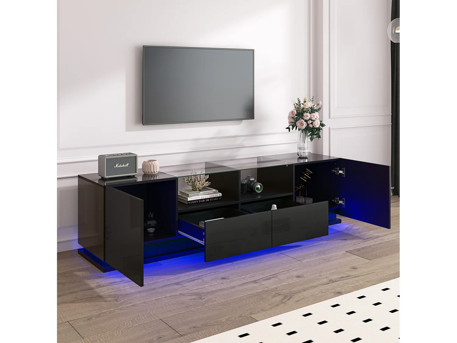 Meuble TV brillant avec étagères en verre, deux tiroirs et deux portes, lowboard avec effets lumineux LED multicolores