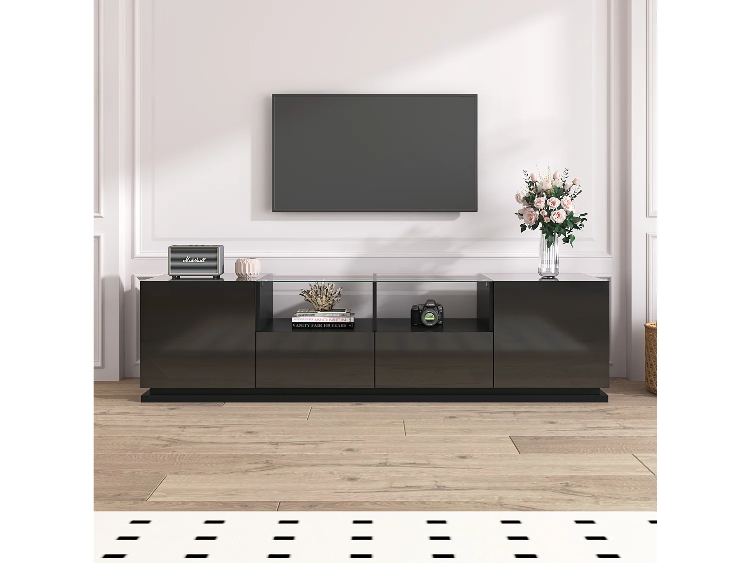 Meuble TV brillant avec étagères en verre, deux tiroirs et deux portes, lowboard avec effets lumineux LED multicolores