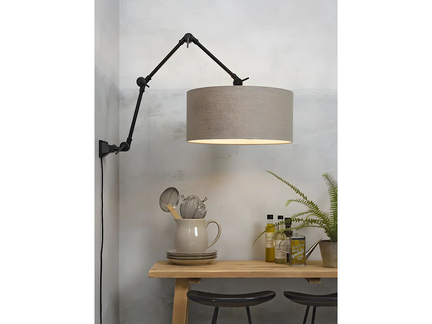 Applique en métal noir à 3 articulations et abat-jour en lin foncé