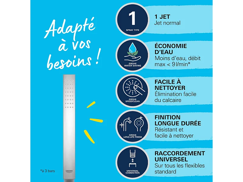 Douchette 1 jet GROHE Vitalio Joy Cube Stick chromé avec flexible de douche VitalioFlex Comfort 1750