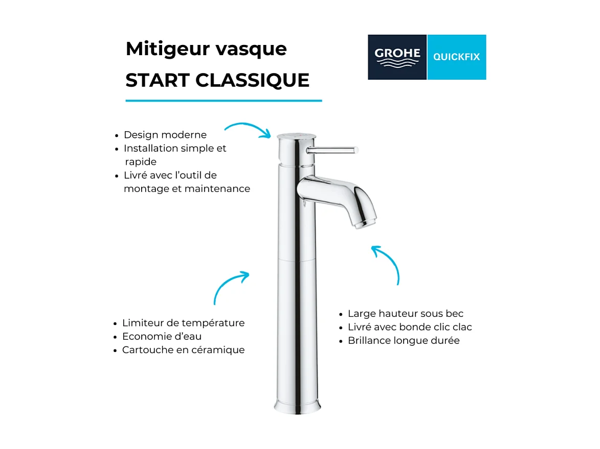 Mitigeur vasque GROHE Quickfix Start Classic taille XL chromé + nettoyant GrohClean