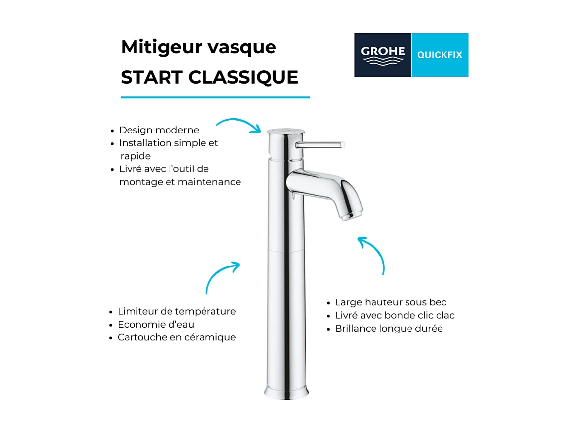 Mitigeur vasque GROHE Quickfix Start Classic taille XL chromé + microfibre