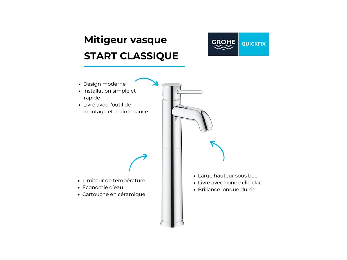 Mitigeur vasque GROHE Quickfix Start Classic taille XL chromé + microfibre