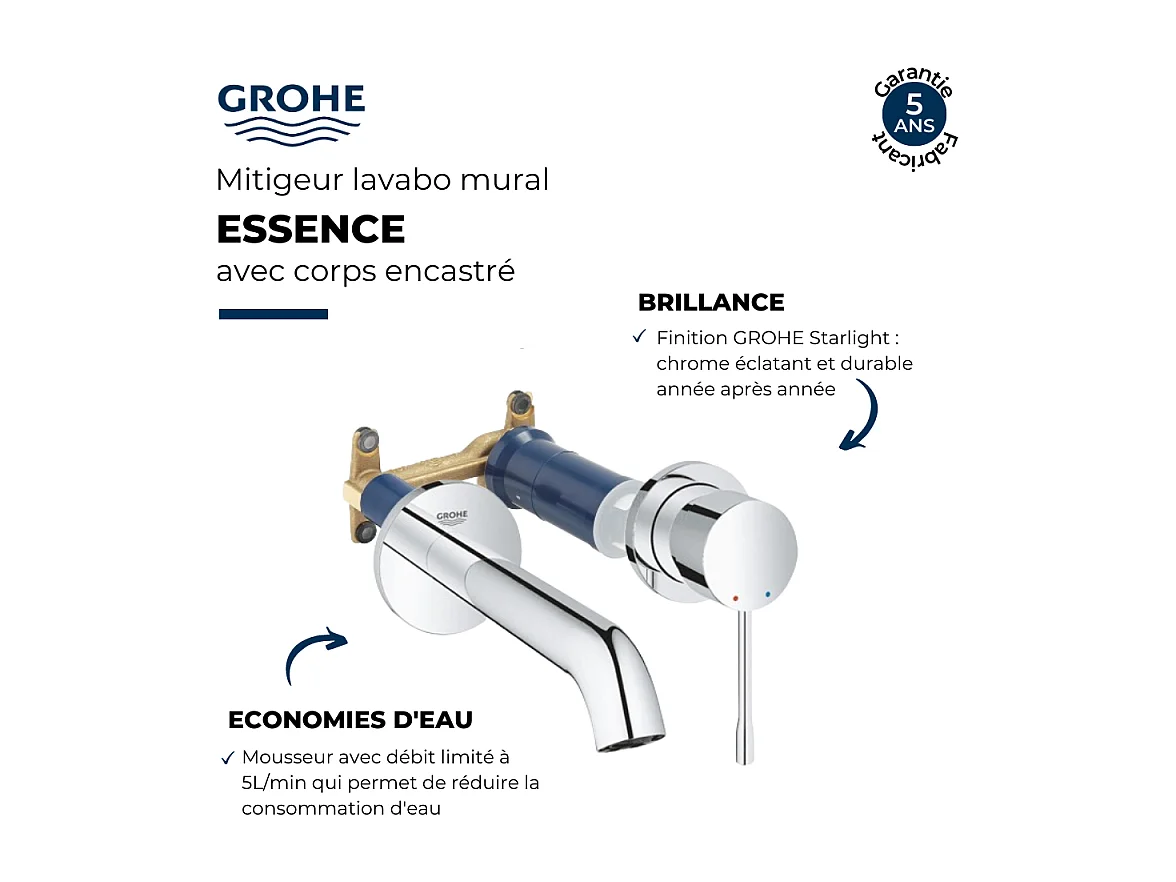 Grohe Façade Essence Mitigeur monocommande 2 trous lavabo Taille M Cool Sunrise brossé+corps encastré