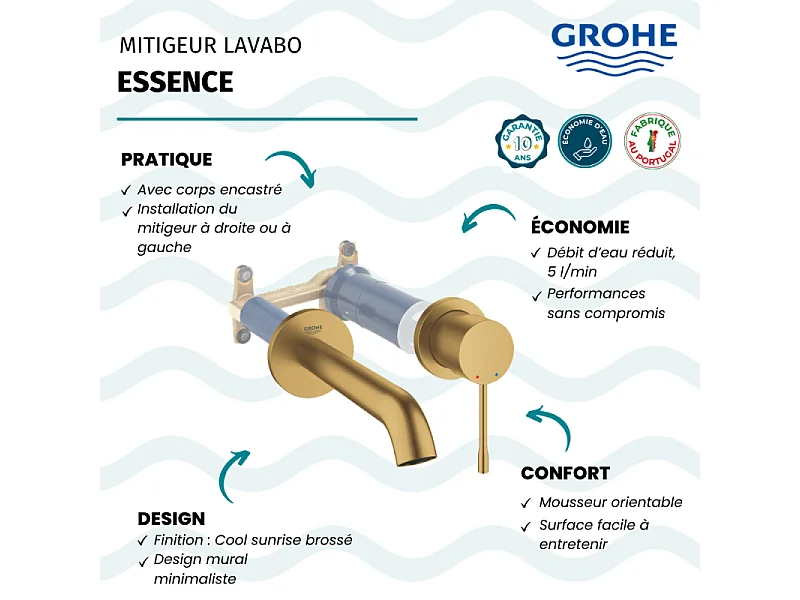 Mitigeur mural lavabo GROHE Essence Taille M cool sunrise brossé avec corps encastré