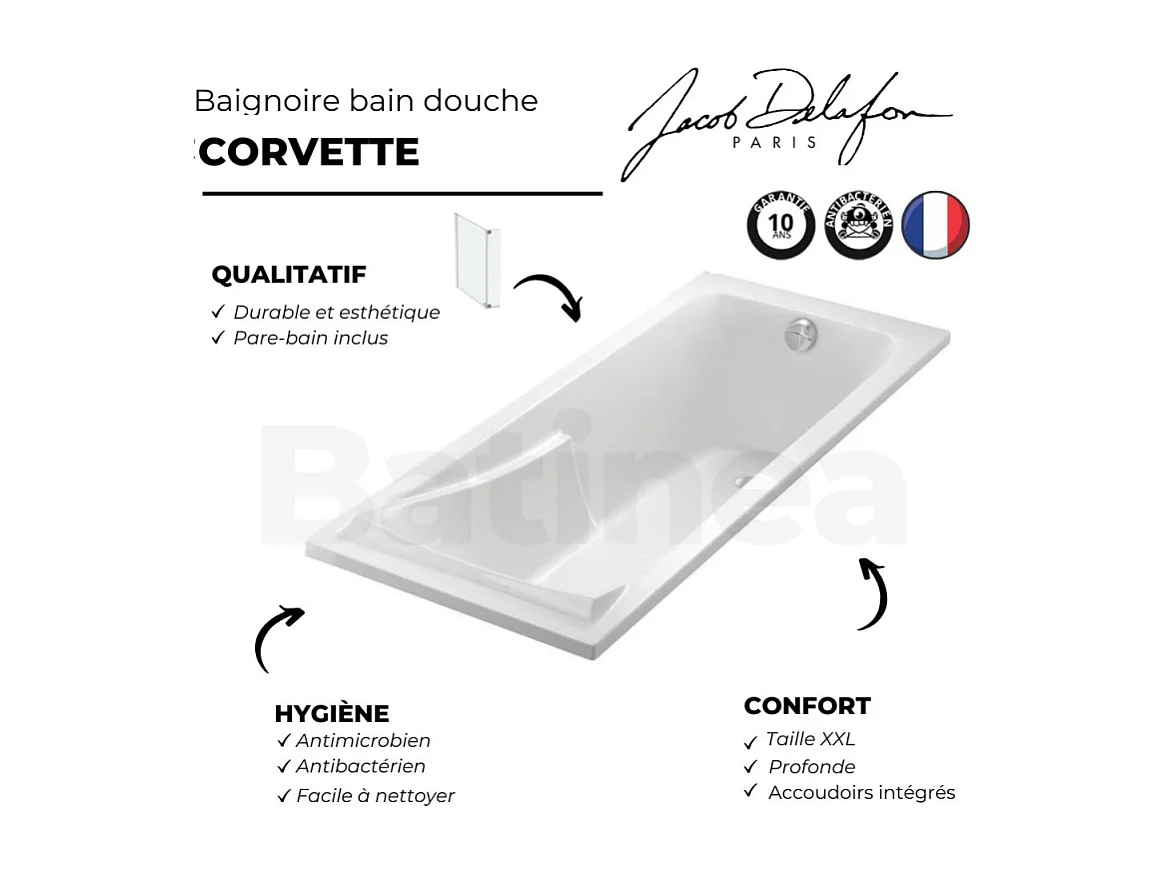 Lot baignoire droite 170 X 70 JACOB DELAFON Corvette + pare-bain 2 volets chromé