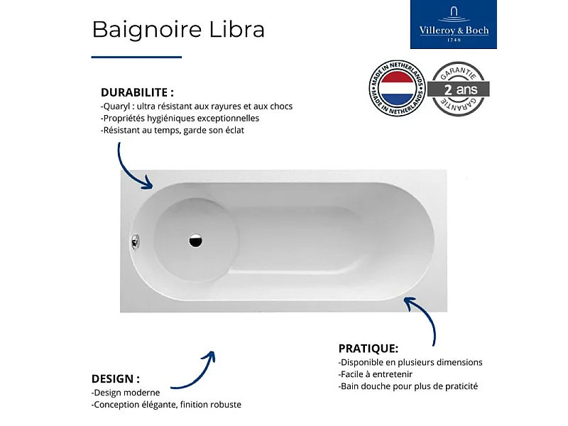 Baignoire bain douche 180 X 80 VILLEROY ET BOCH Libra quaryl