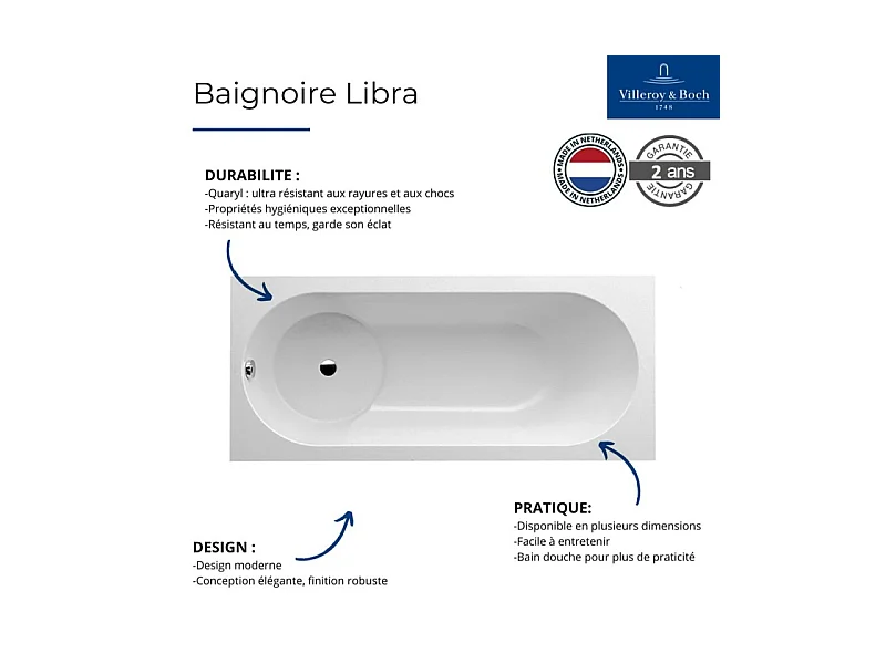 Baignoire bain douche 170 X 75 VILLEROY ET BOCH Libra quaryl