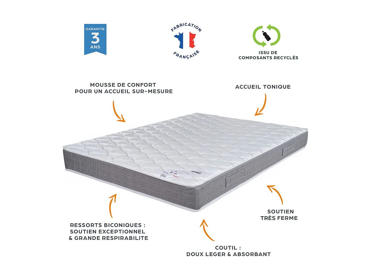Matelas ressort + Sommier Gris clair 2x90x190 Ryad - Hauteur 20 cm - Soutien très ferme