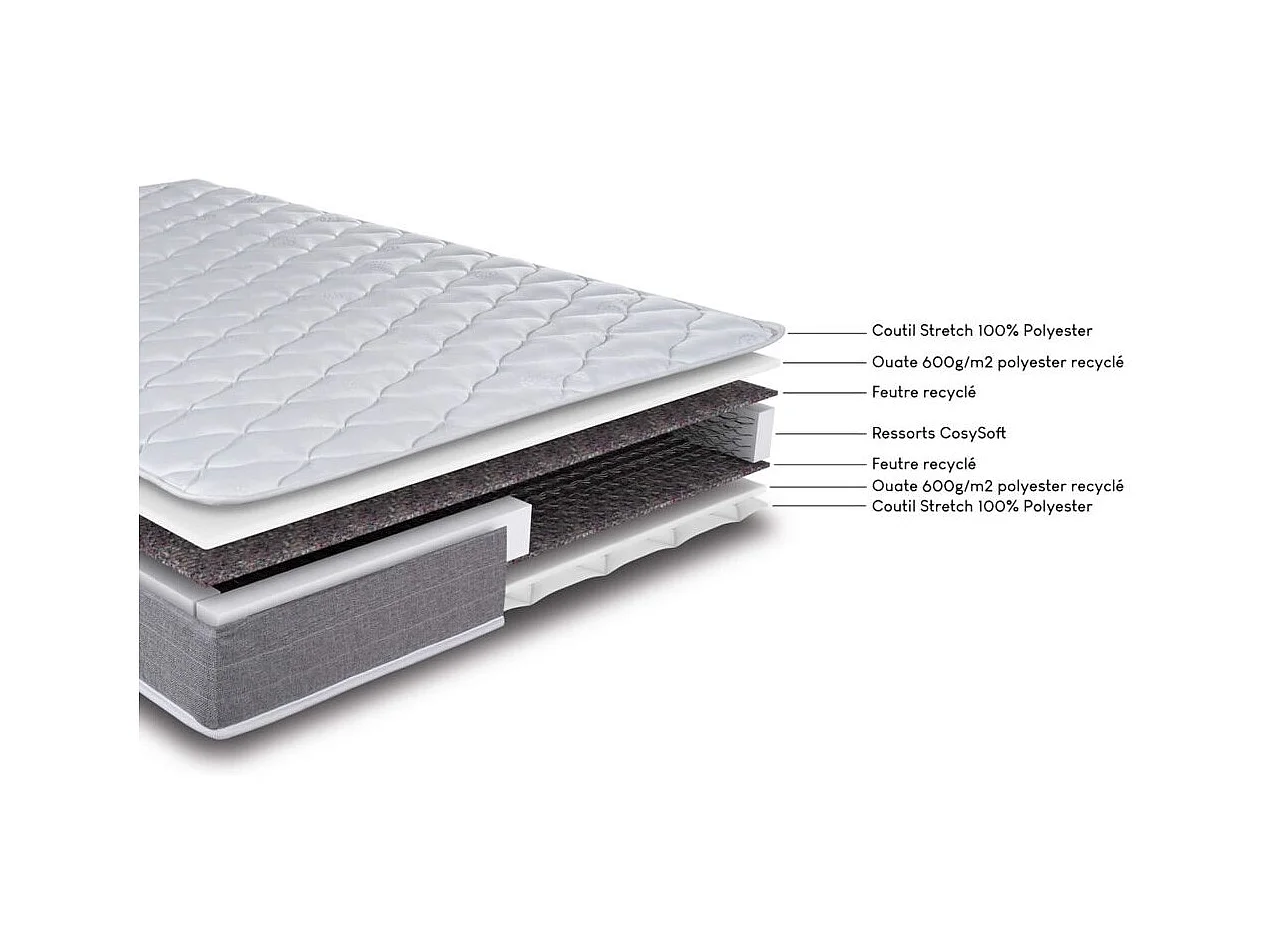 Matelas + Sommier + Tete Gris clair 160x200 Ryad - Hauteur 20 cm - Soutien très ferme
