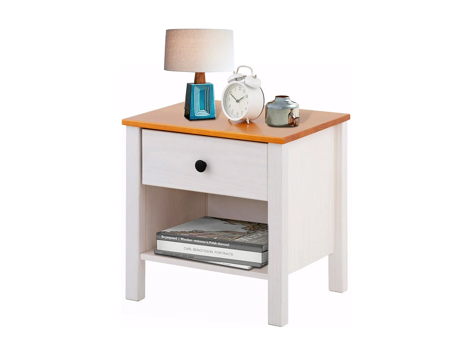 Paula | Table de nuit avec 1 tiroir en White / Honey Pine