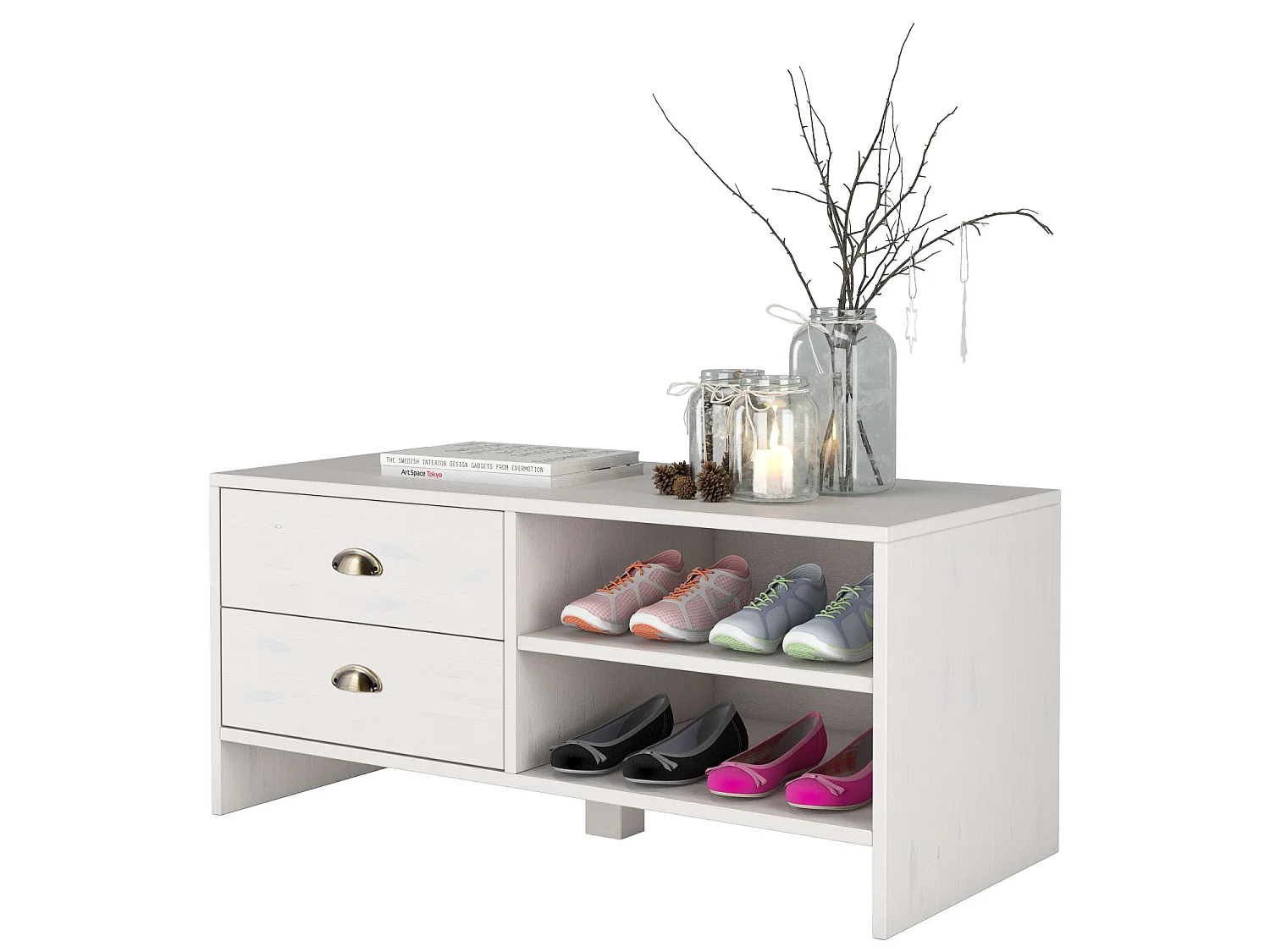 Nachos | Banc avec 2 tiroirs en pin laqué blanc