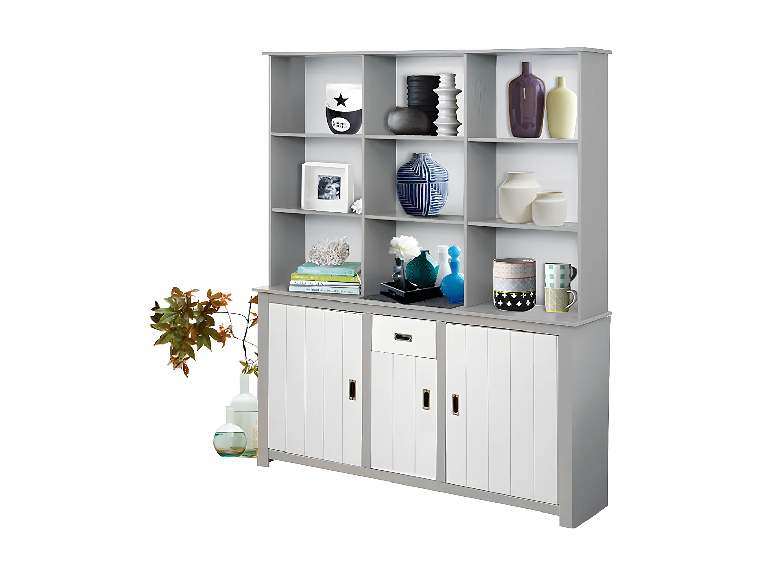Kampen | Buffet met 3 Deuren, 1 Lade en Open Kamers in Wit/Grijs
