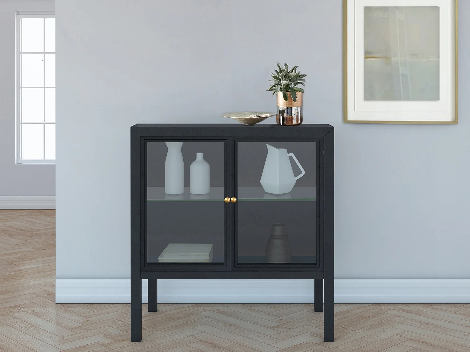 Adrianni | Armoire avec 2 portes vitrées en métal noir